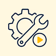 Zahnrad mit Schraubenschlüssel und Play-Symbol für praktisches Lernen.