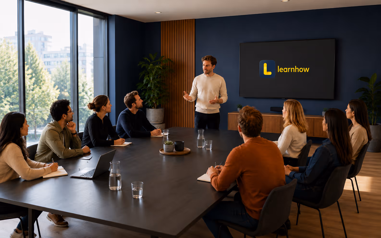 Inhouse-Schulung in einem modernen Besprechungsraum mit Trainer und Teilnehmenden vor einem Learnhow-Bildschirm.