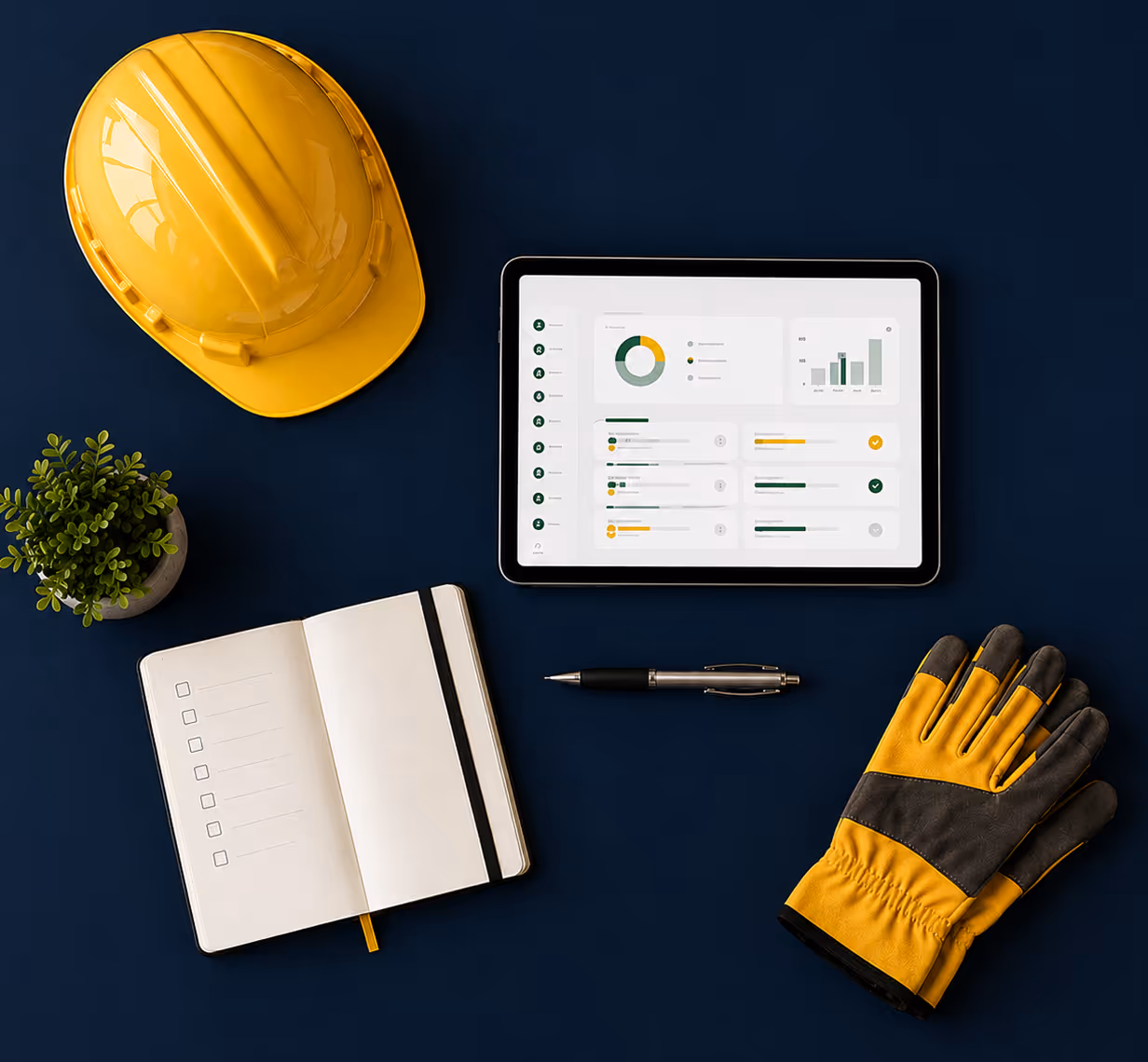 Flatlay-Arbeitsplatz mit Schutzhelm, Tablet mit Dashboard, Notizbuch, Stift, Pflanze und Arbeitshandschuhen auf dunkelblauem Hintergrund
