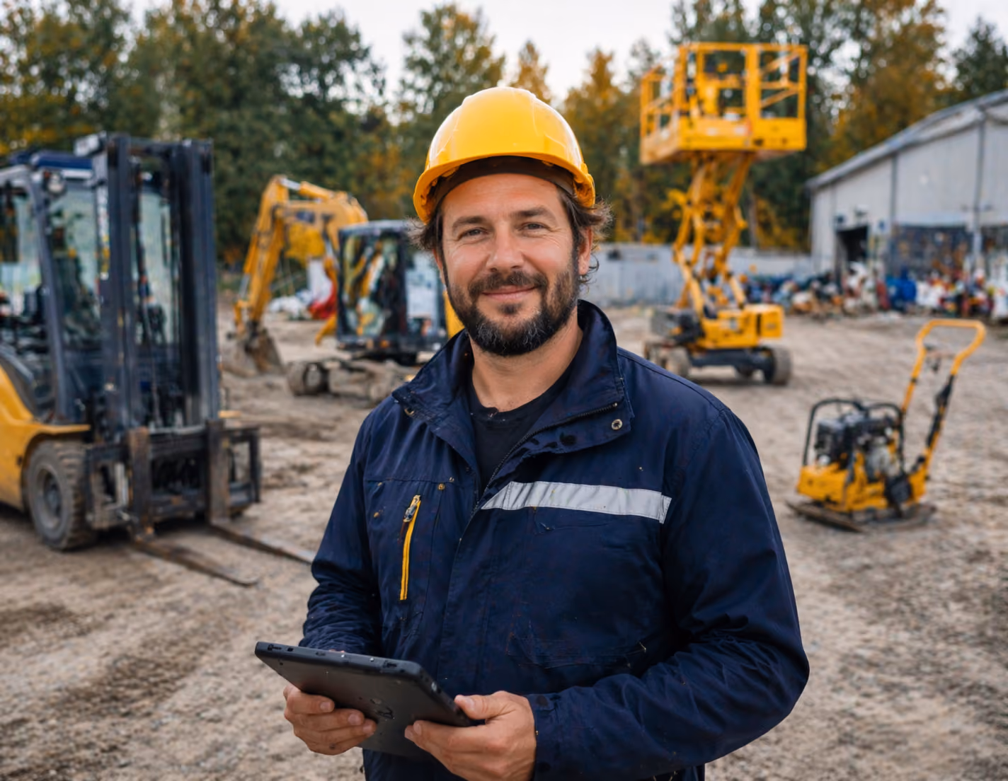 UVV-Prüfer mit Schutzhelm und Tablet vor Arbeitsmaschinen auf einem Betriebsgelände.