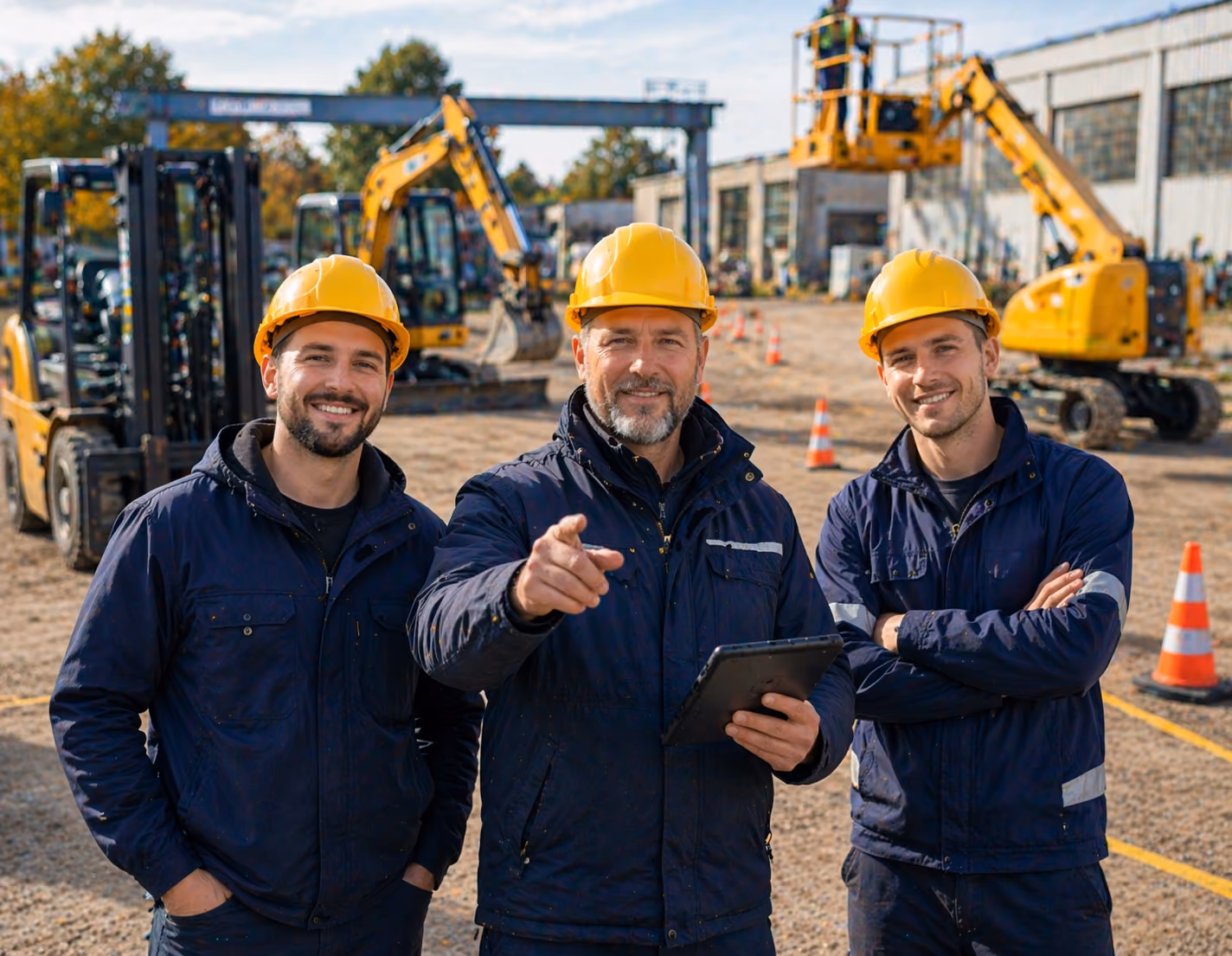 Bediener mit Schutzhelmen vor Baumaschinen und Arbeitsbühne auf einem Betriebsgelände.