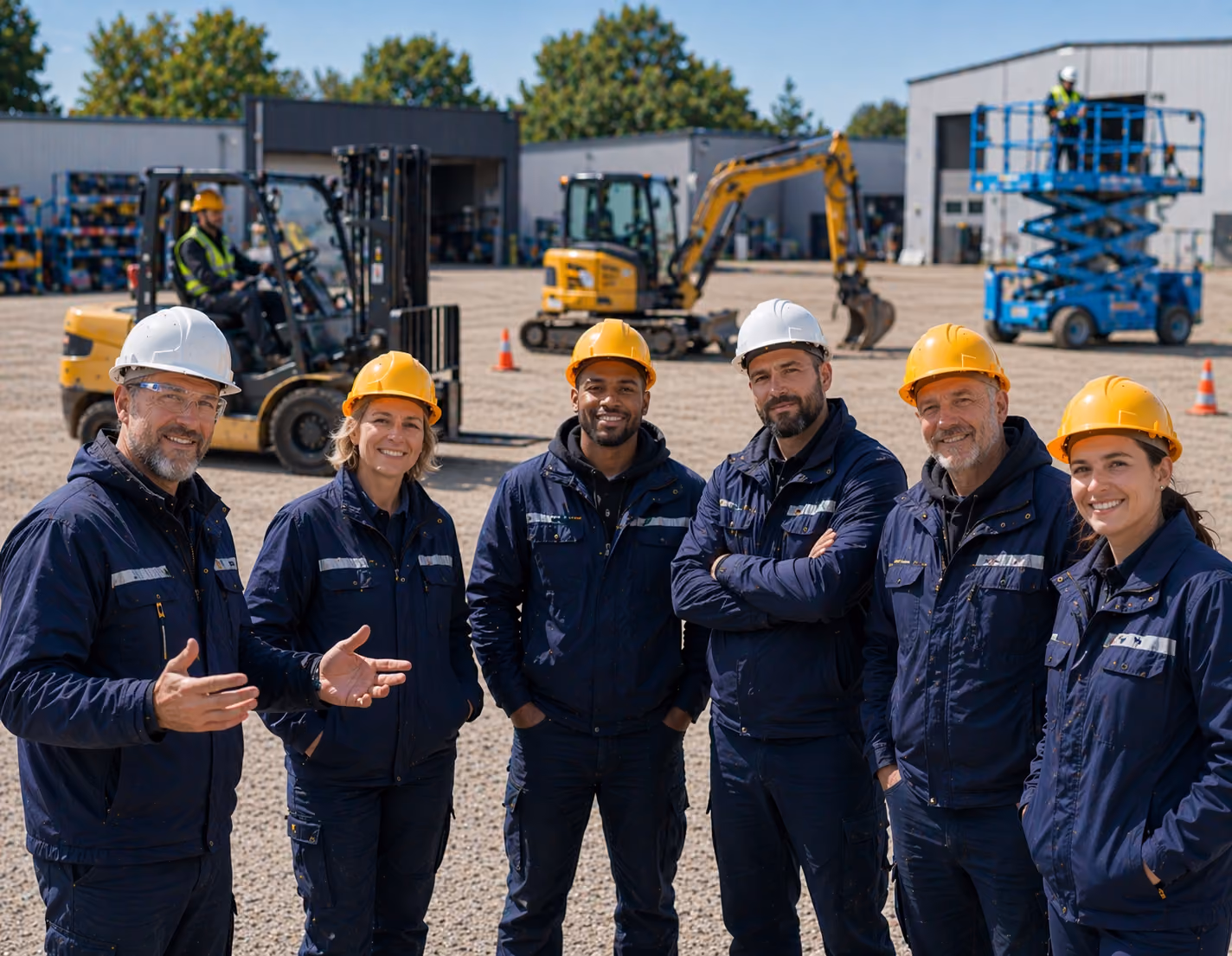 Ausbilder und Mitarbeitende mit Schutzhelmen vor Baumaschinen auf einem Betriebsgelände.