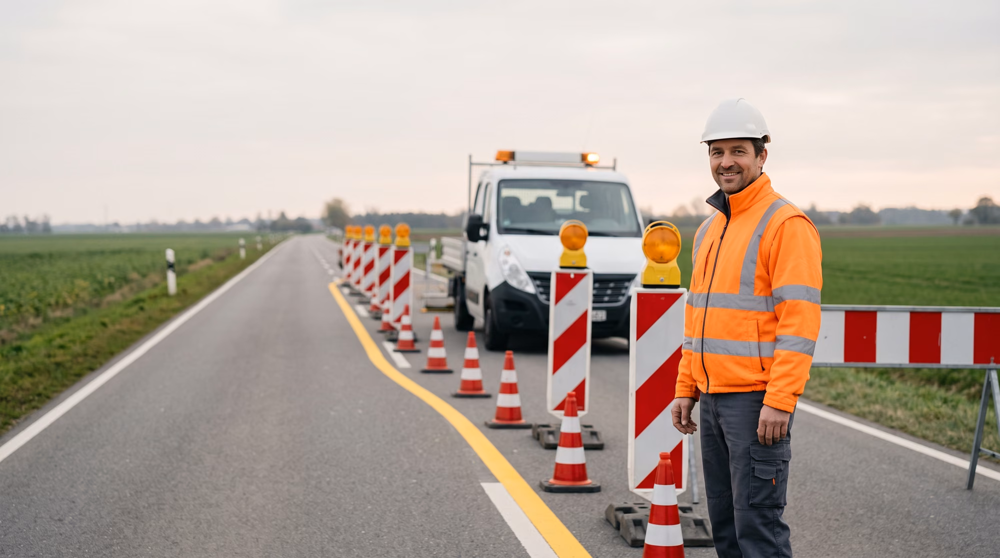 Abgesicherte Arbeitsstelle an einer innerörtlichen Straße mit Absperrschranken und Warnbaken.