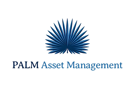 Logo stylisé feuille de palmier avec texte PALM Asset Management en bleu.