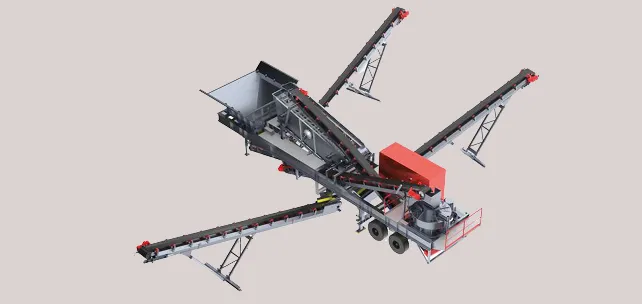 Machine de concassage mobile avec des bandes transporteuses pour le traitement et le tri des matériaux.