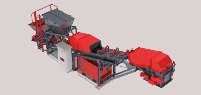 Machine industrielle avec des composants rouges et gris reliés par des tuyaux sur un fond uni.