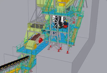 Modèle 3D d’une structure métallique industrielle avec des escaliers, des plateformes et des bandes transporteuses.