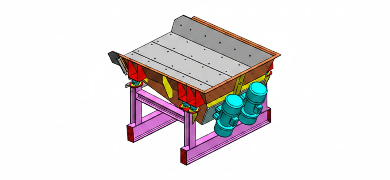 Modèle 3D d’un alimentateur vibrant mécanique avec des moteurs sur un châssis de base violet.