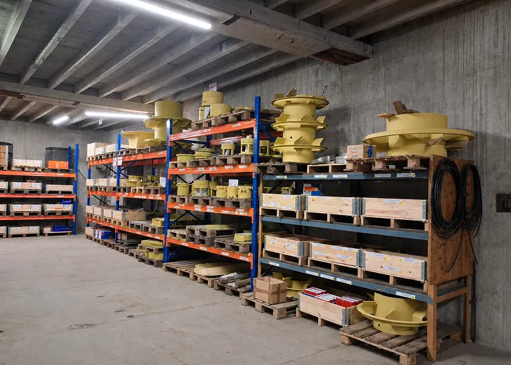Étagères d’entrepôt remplies de grandes pièces industrielles jaunes et de caisses en bois sous un plafond en béton.