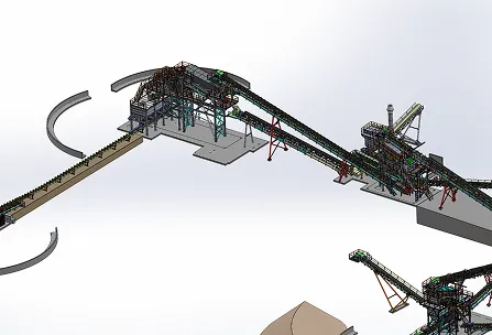 Modèle 3D d’un système de convoyage industriel avec plusieurs bandes transporteuses et structures de support.