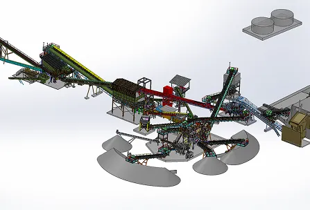 Modèle 3D d’un système de convoyage industriel avec plusieurs bandes transporteuses et composants mécaniques.