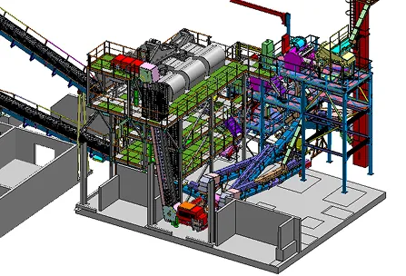 Modèle 3D d’un système de convoyage industriel avec des rouleaux, des plateformes et des structures de support.