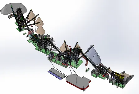 Modèle numérique 3D d’une ligne de production ou d’assemblage industrielle avec des machines et des convoyeurs.