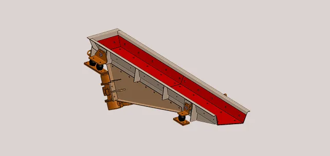 Rendu 3D d’un alimentateur vibrant industriel en métal avec une auge intérieure rouge et des supports marron.