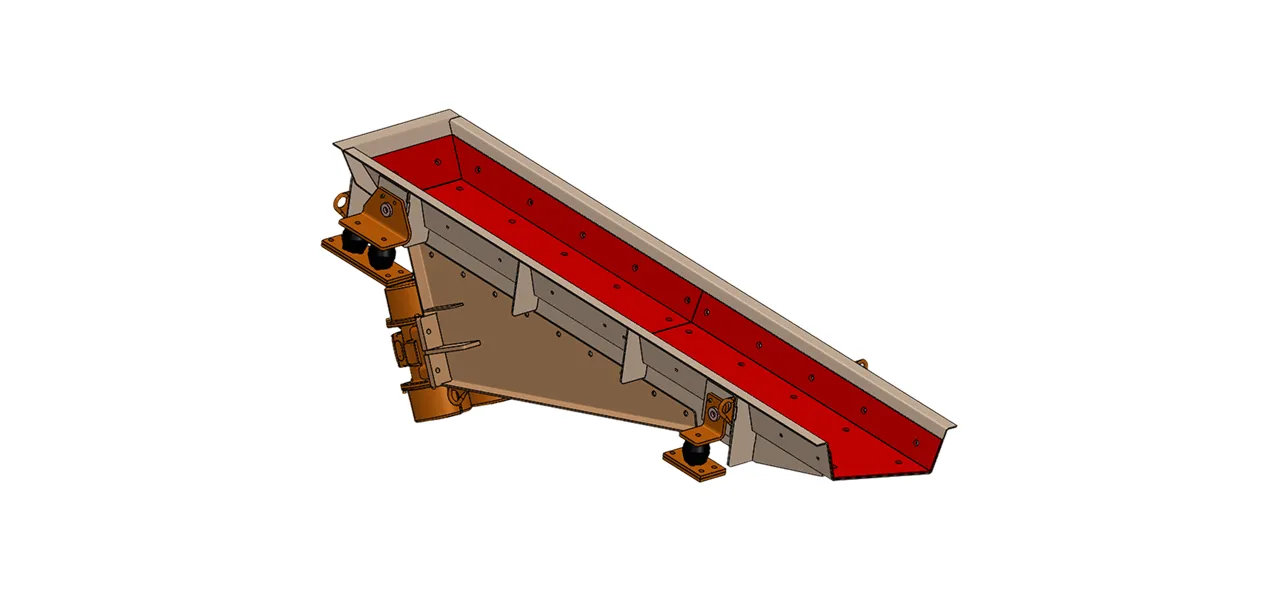 Rendu 3D d’un alimentateur vibrant industriel en métal avec une auge intérieure rouge et des supports marron.