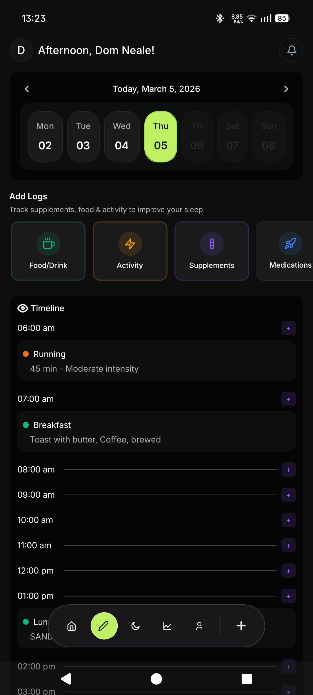 Image of the phone app showing the layout of the dashboard page