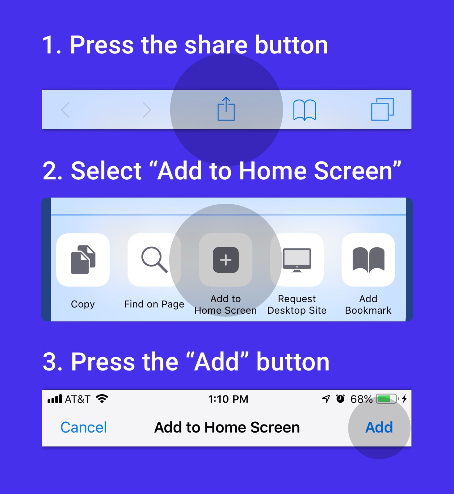 An image with diagrams of the steps to add the web app as a homepage icon.