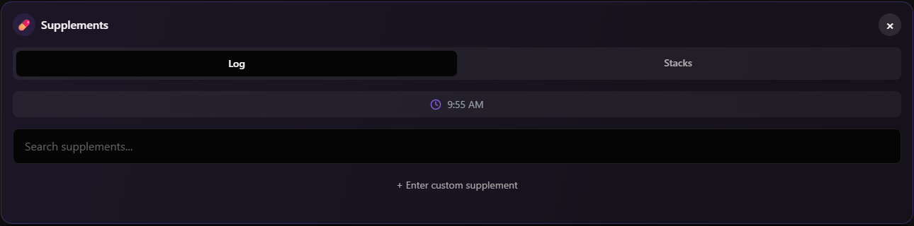 Digital interface of a supplements log with tabs for Log and Stacks, a search bar, and an option to enter a custom supplement, timestamped at 9:55 AM.