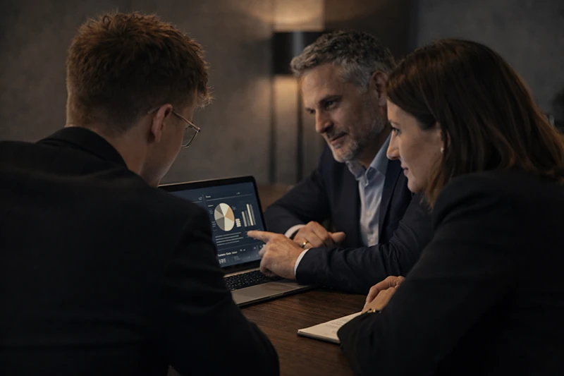 Réunion de conseil en stratégie marketing avec analyse de données par une agence de communication 360