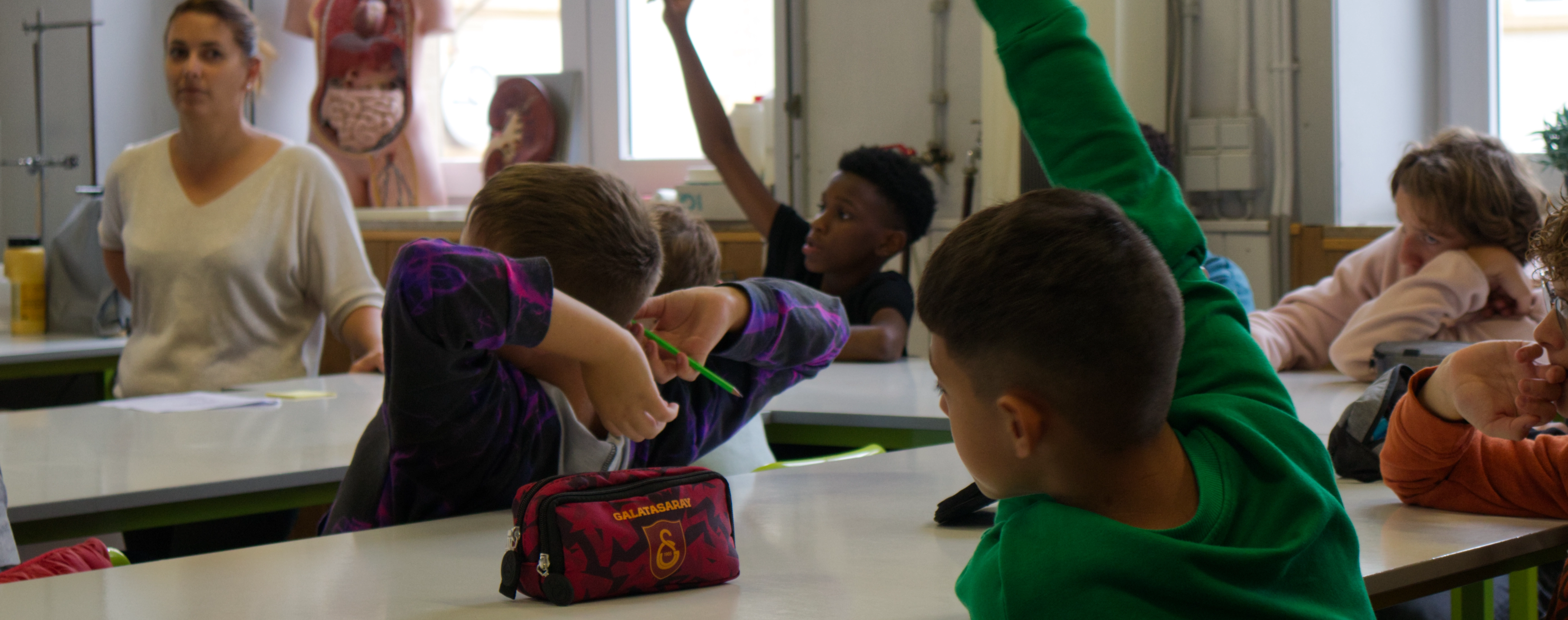 photos d'élèves dans une classe qui lèvent la main