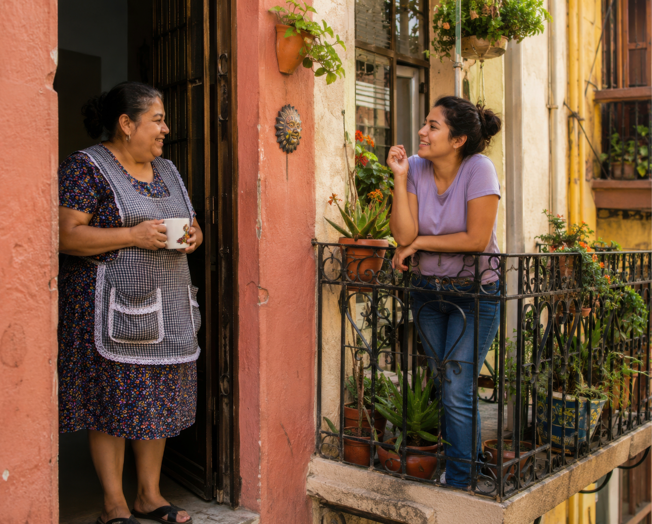 Two female neighbours outside their homes, chatting between a doorway and balcony with potted plants
