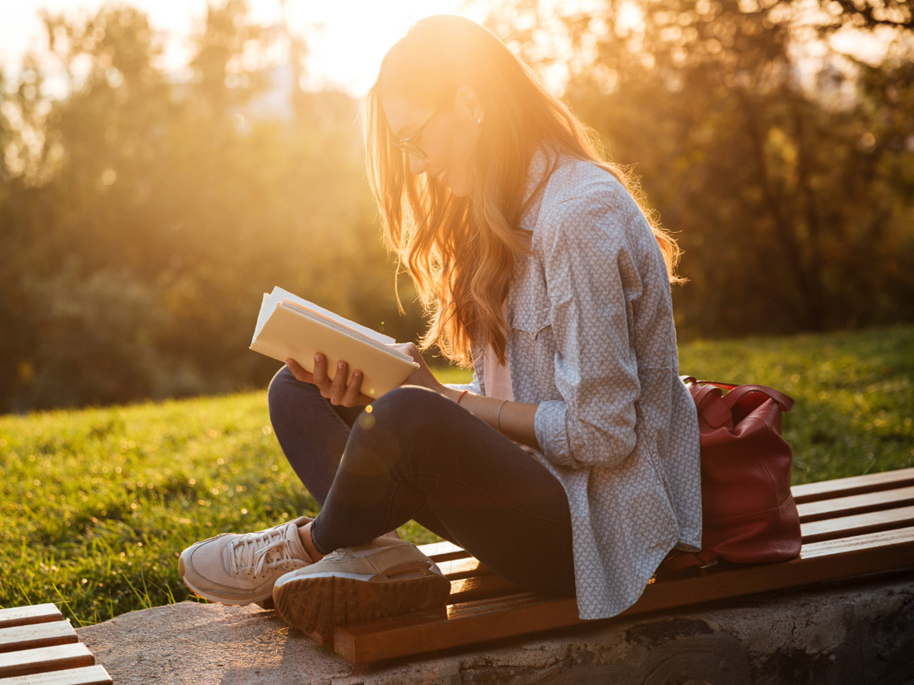Young woman reading on a park bench in the warm evening sun