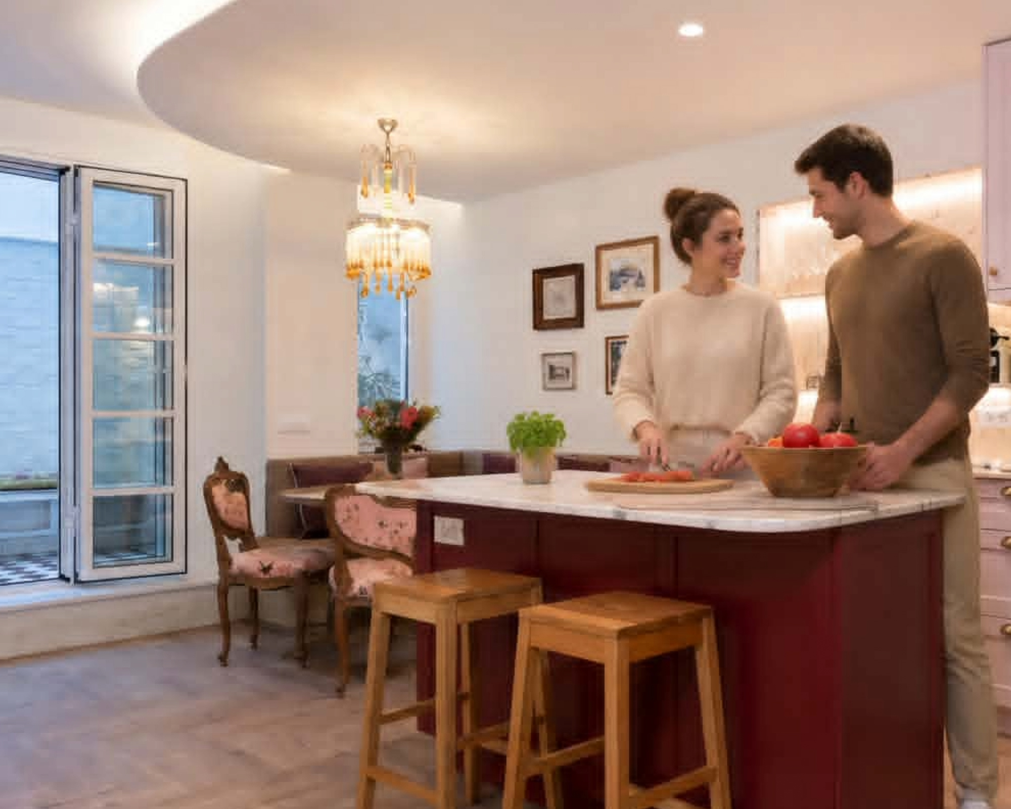Couple preparing food in the kitchen at The Hill residence in Lycabettus, Athens