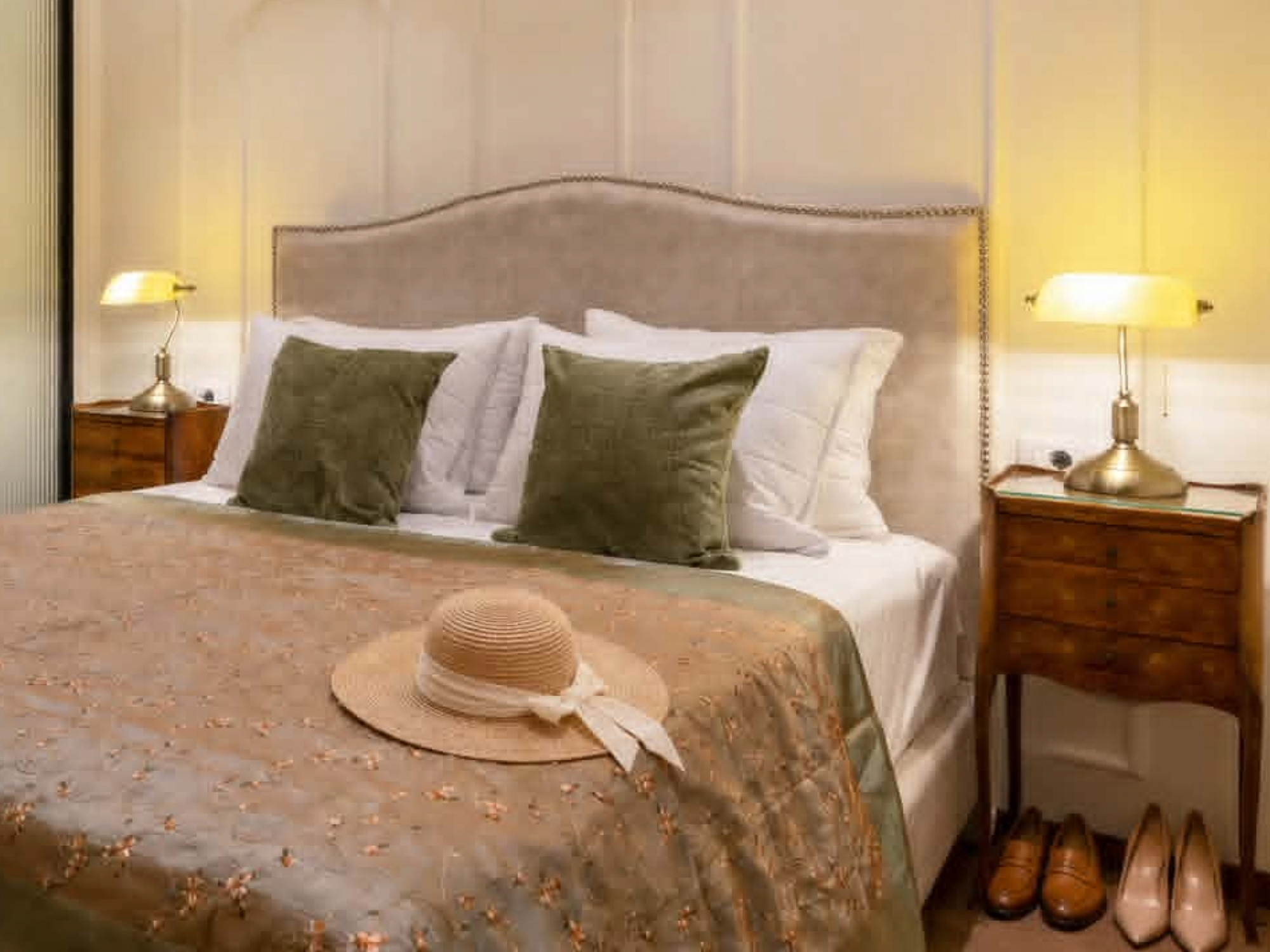 Welcoming bedroom at The Hill residence in Lycabettus with soft lighting and shoes neatly placed