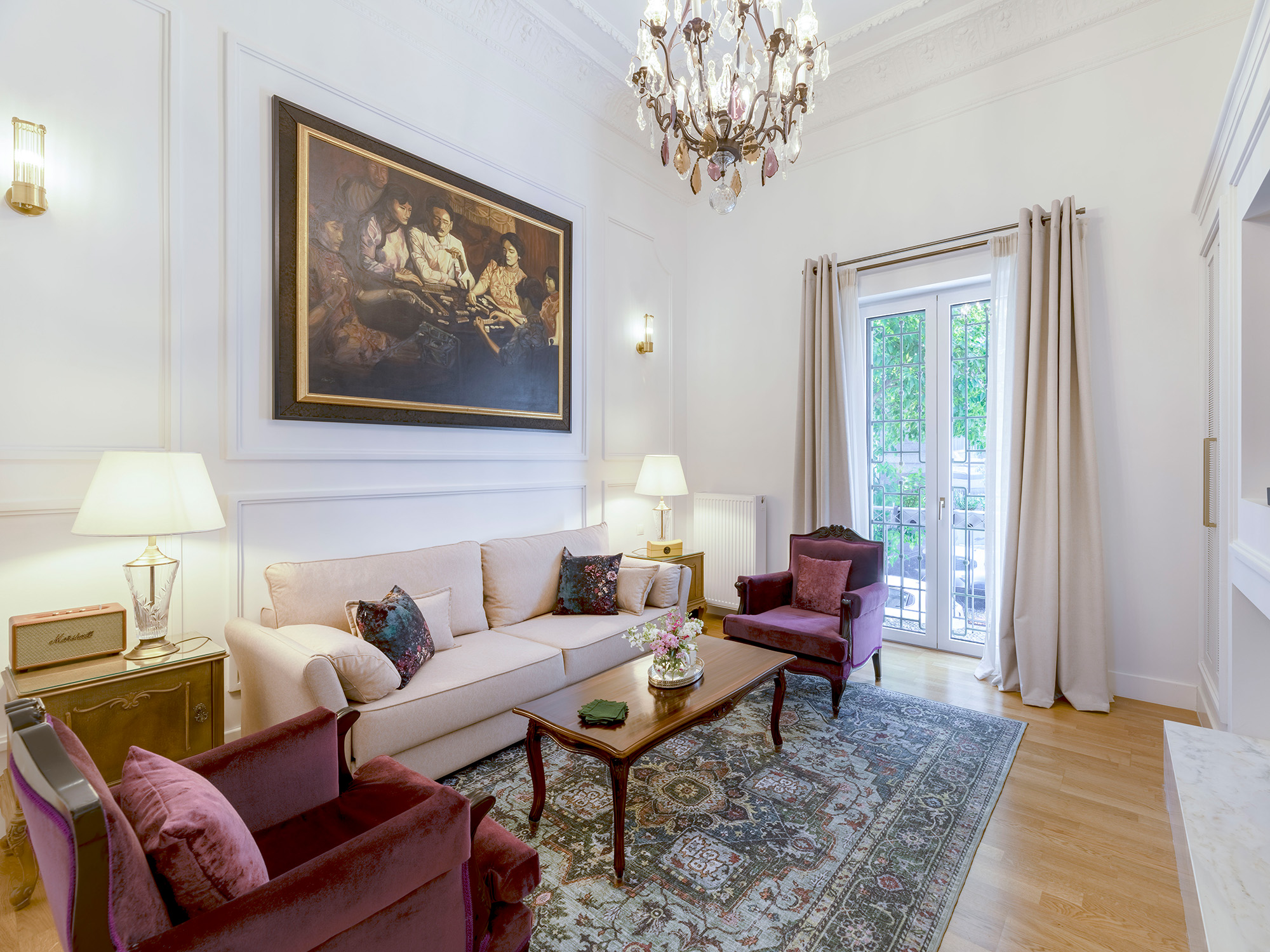 Elegant living room at The Silk House in Metaxourgeio, Athens