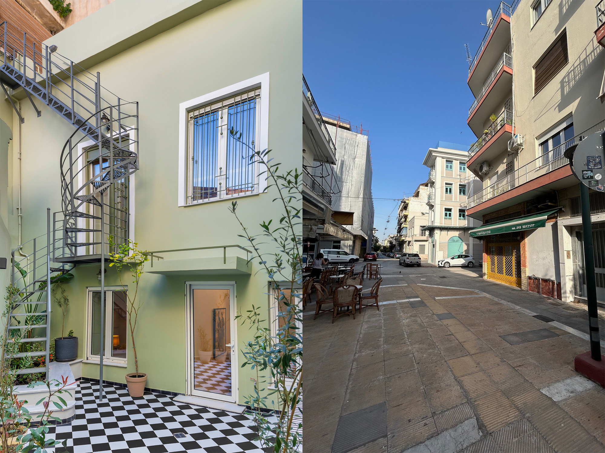 Courtyard at The Silk House beside a neighbourhood street in Metaxourgeio, Athens