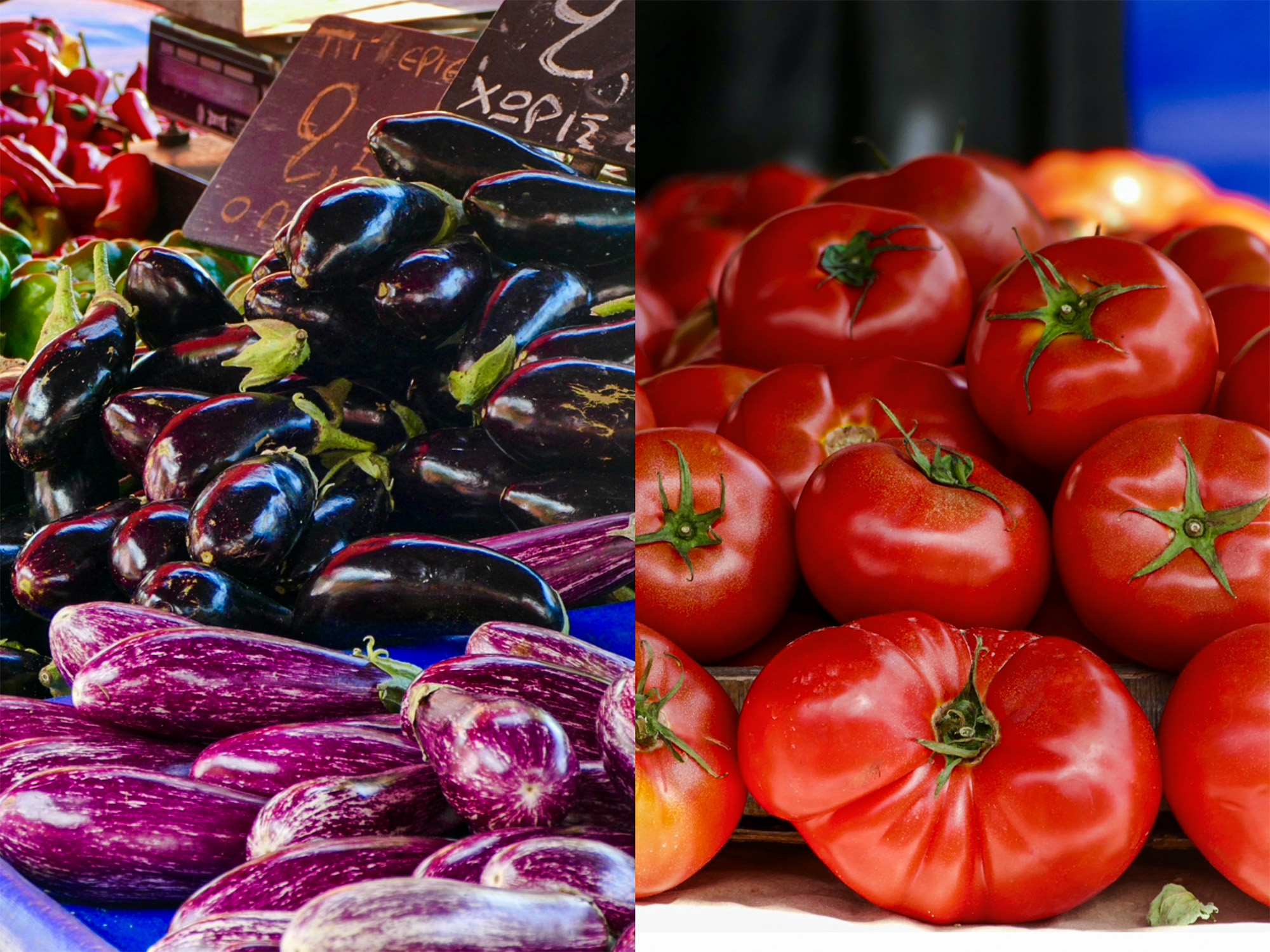 Fresh aubergines, peppers and chillies at Ydras Street farmers’ market in Kypseli, Athens