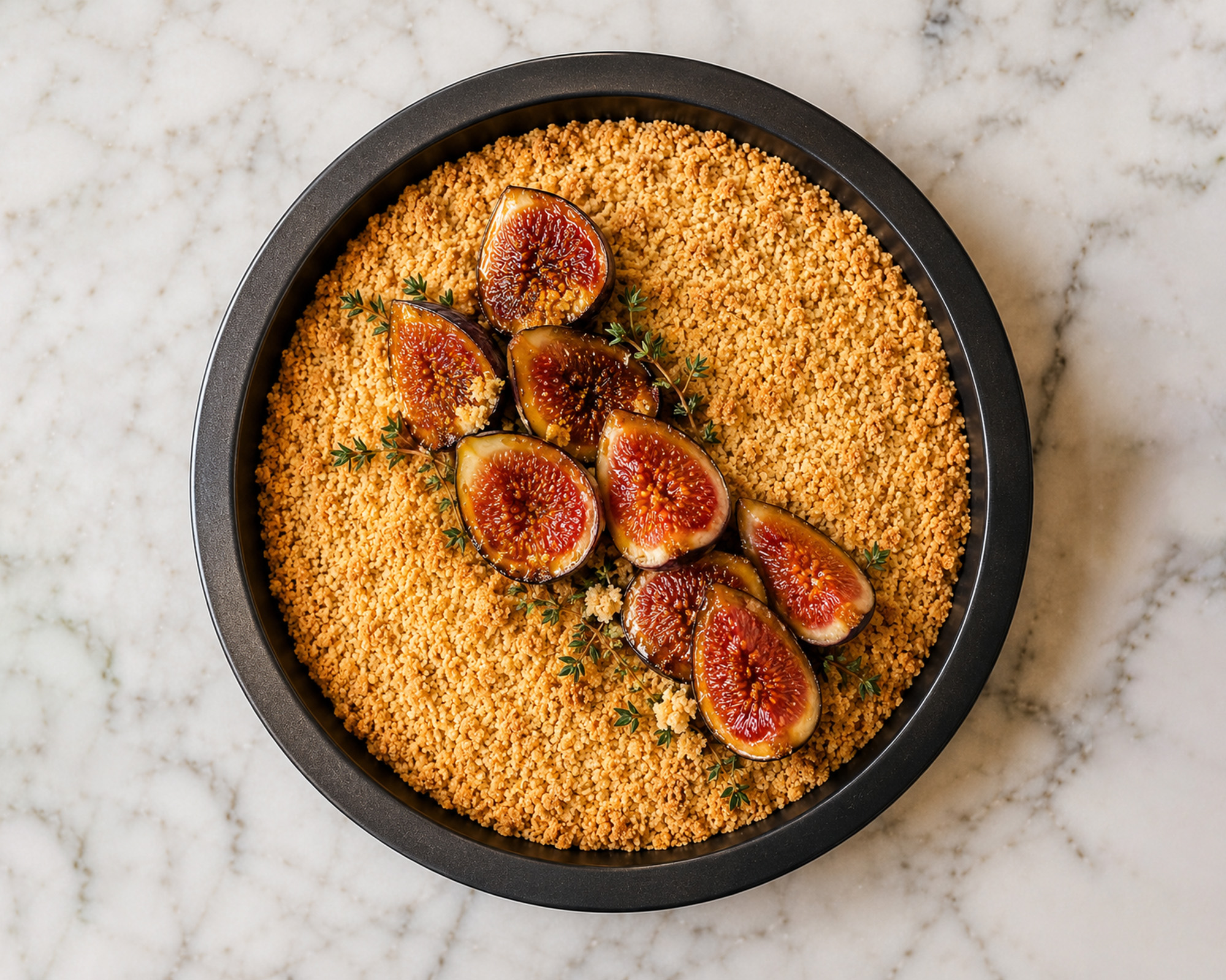 Homemade fig crumble topped with fresh figs and thyme in Athens