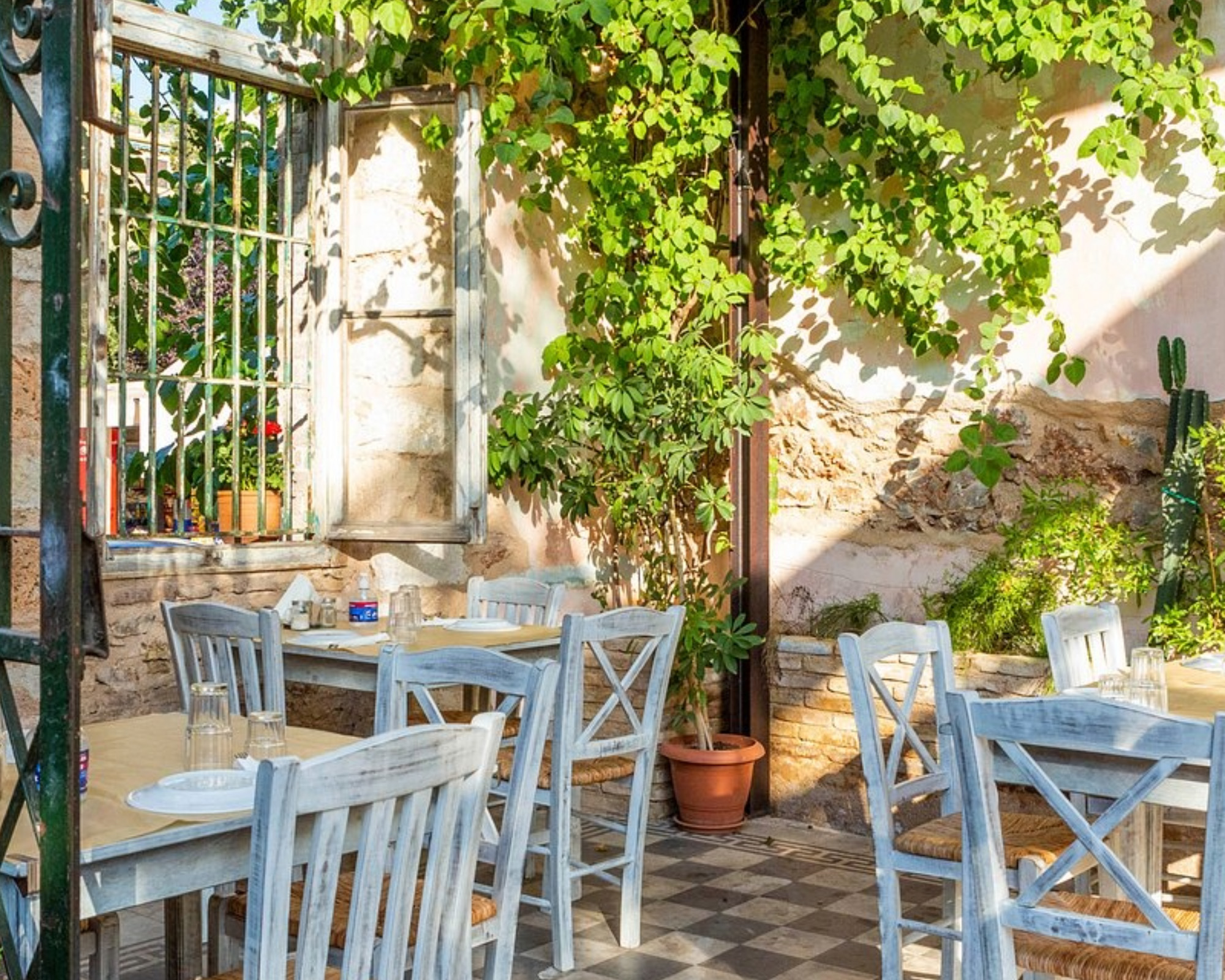 Leafy outdoor dining at Avdi Square in Metaxourgeio, Athens