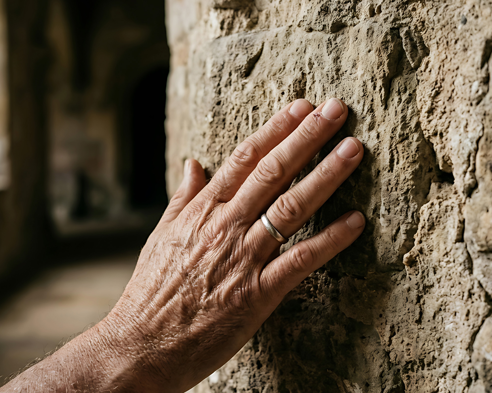 Traveller touching an old stone wall in Athens.