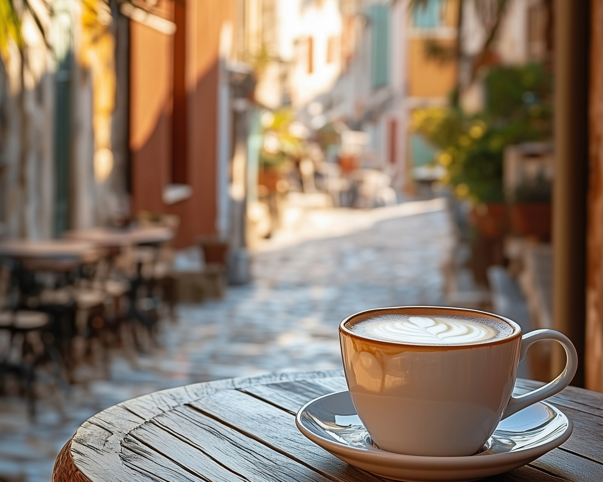 Cup of coffee on a wooden café table overlooking a quiet sunlit Athens street.