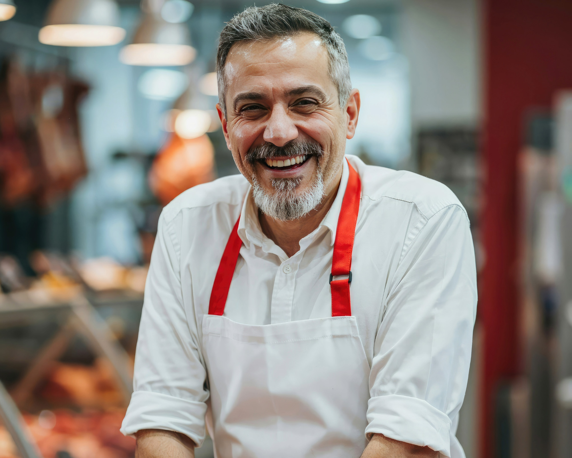 Local butcher smiling inside an Athens neighbourhood shop.