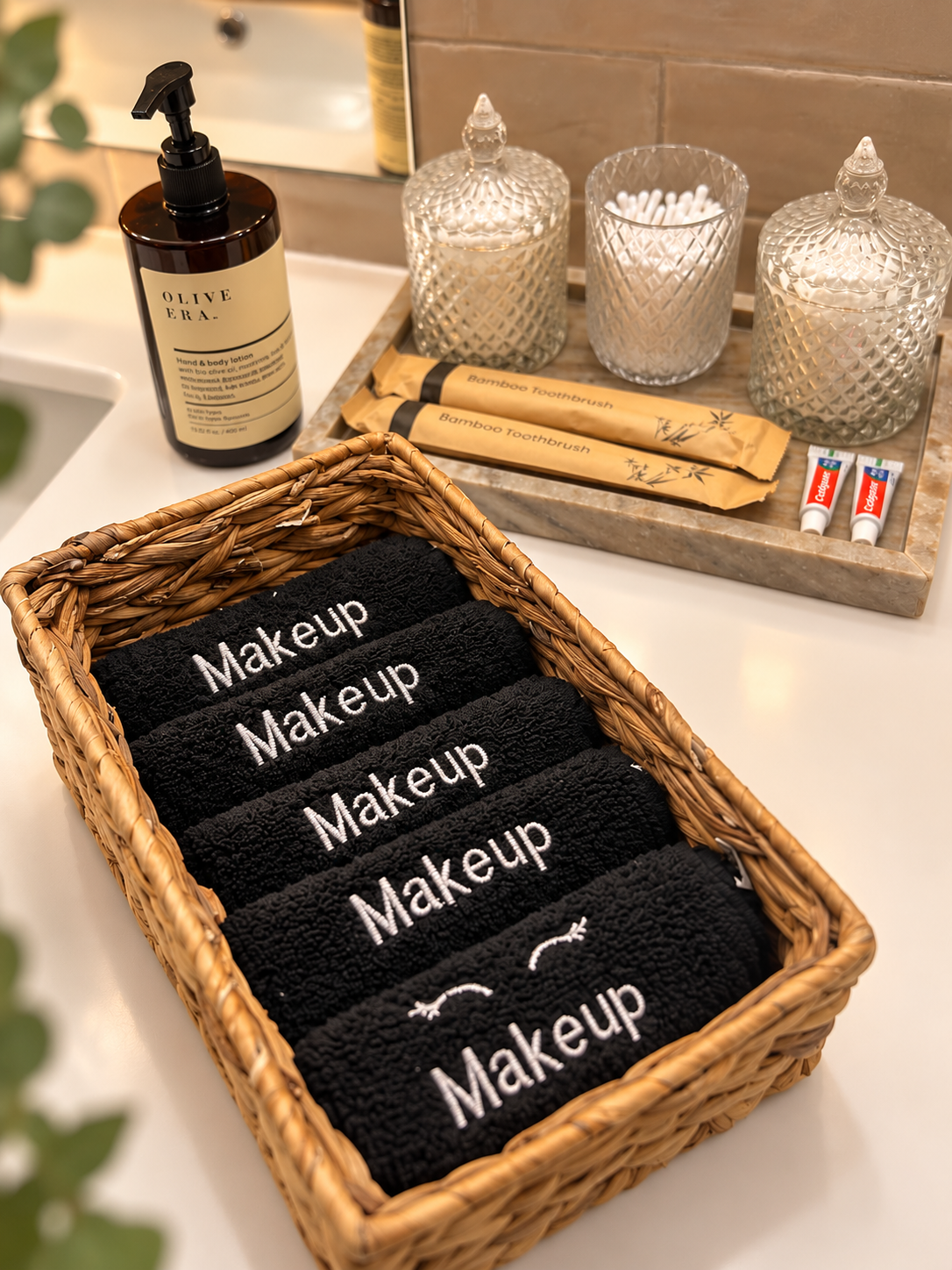 Makeup remover towels, toothbrushes and bathroom essentials provided for guests