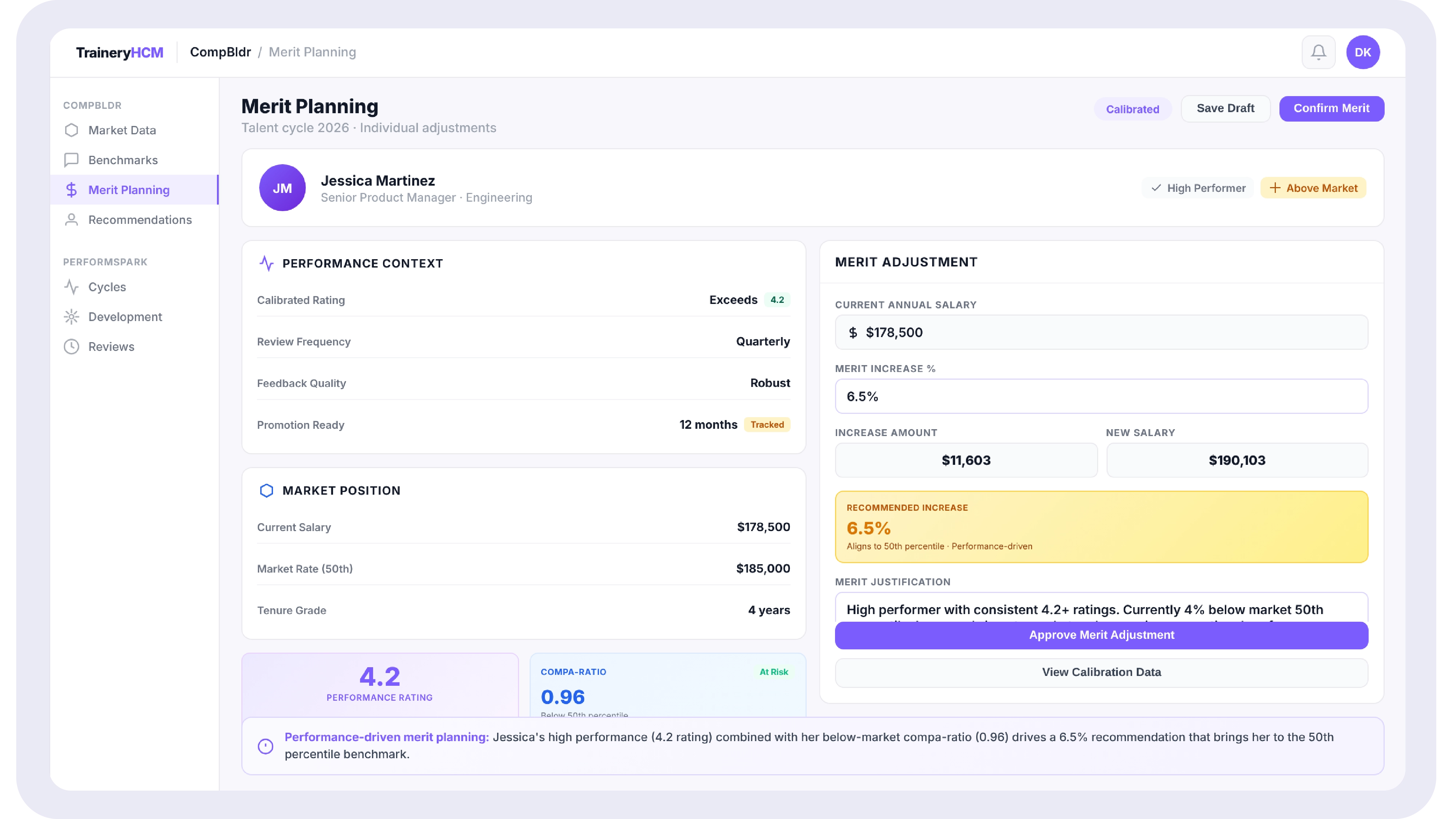  Screenshot of the TraineryHCM merit planning view showing a calibrated performance rating and compa-ratio alongside a salary recommendation field