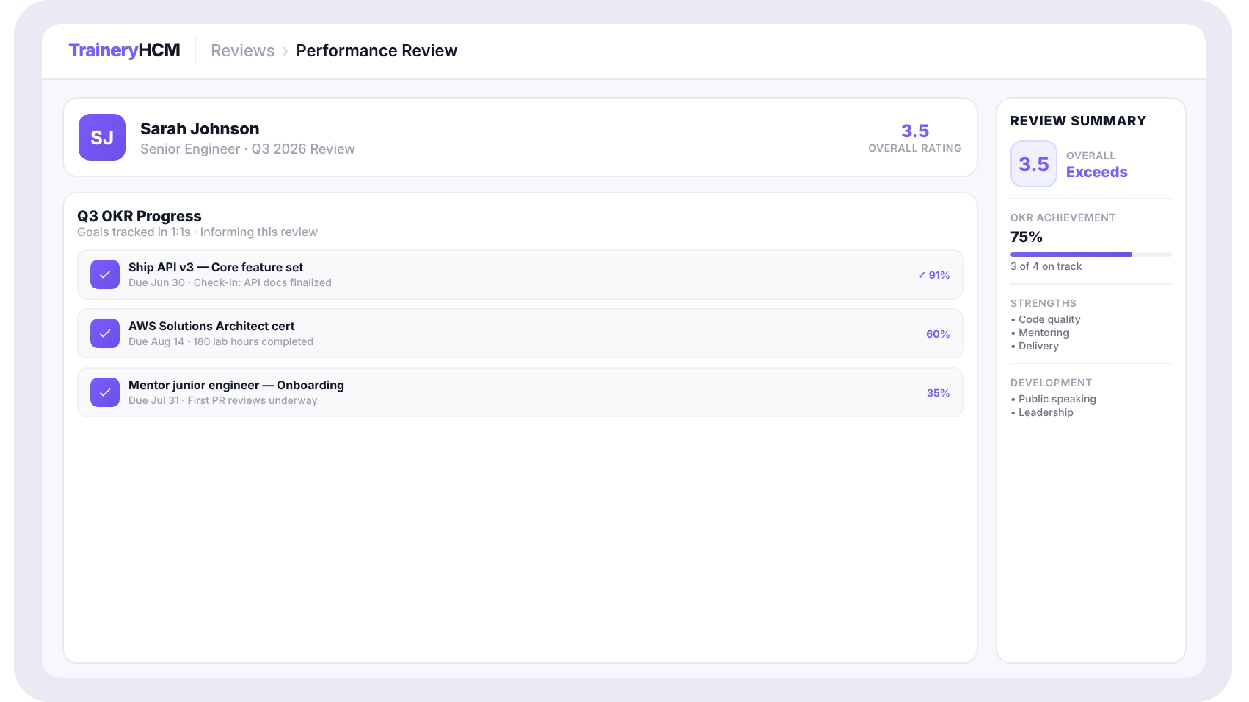  Screenshot of a performance review view in TraineryHCM showing an employee's OKR progress alongside the rating and development plan