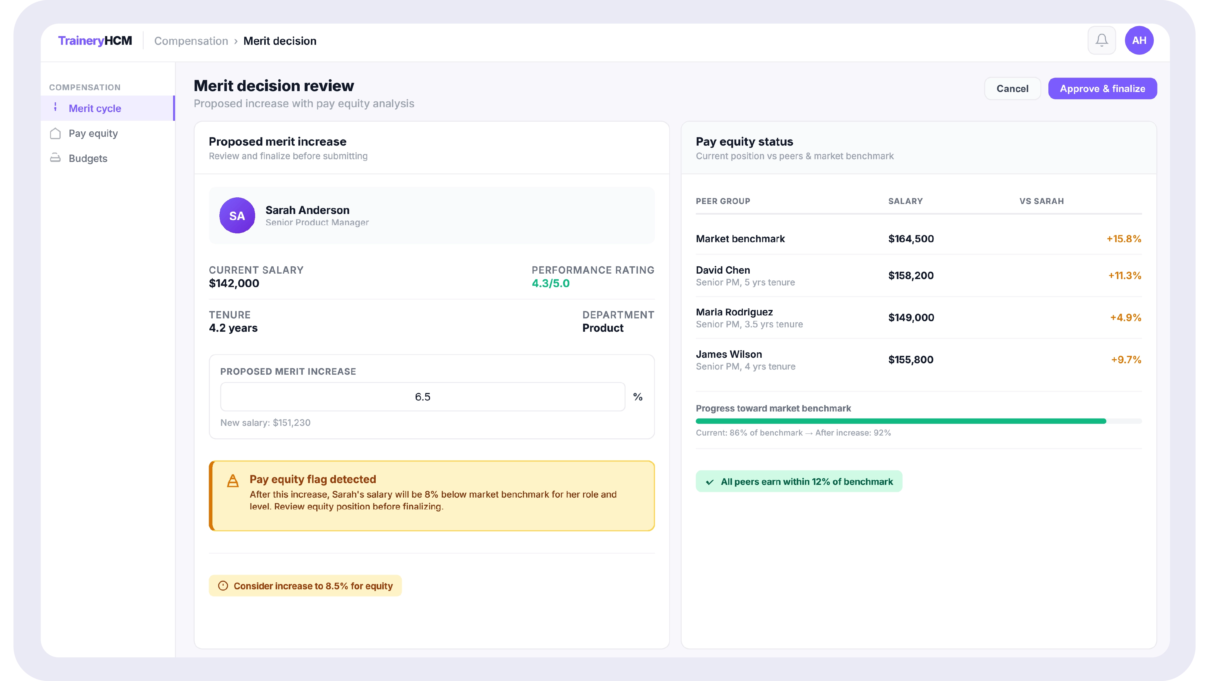  Screenshot showing a proposed merit increase with a pay equity warning and current equity status before the decision is finalized in TraineryHCM