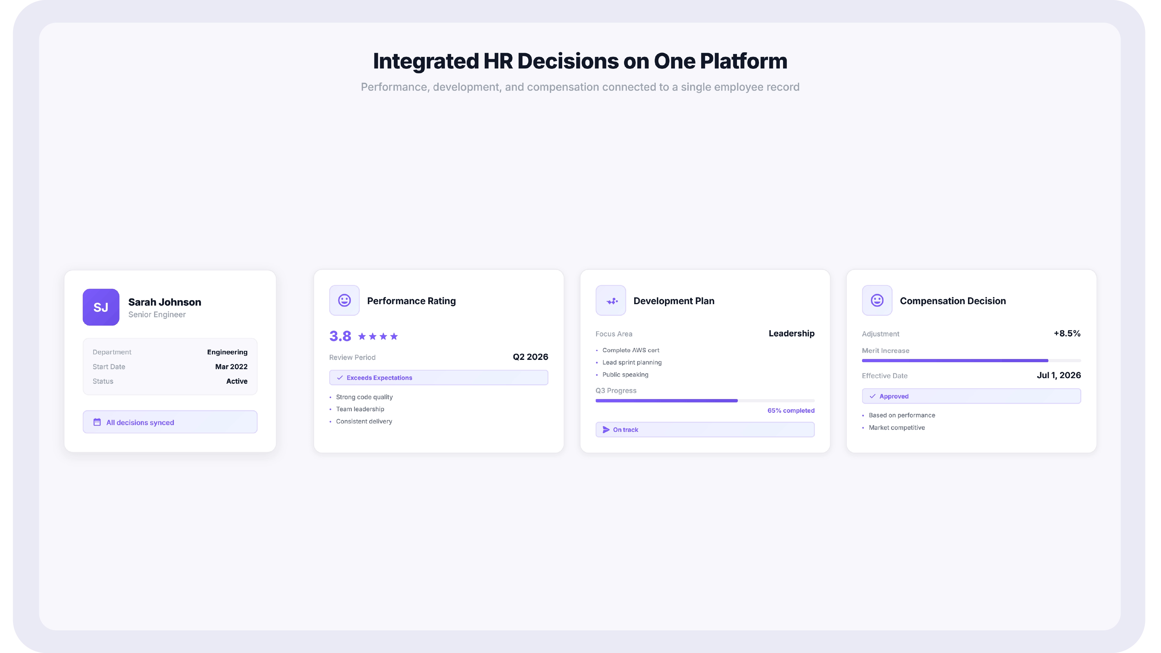Screenshot showing a performance rating, a development plan, and a compensation decision connected on one employee record in TraineryHCM