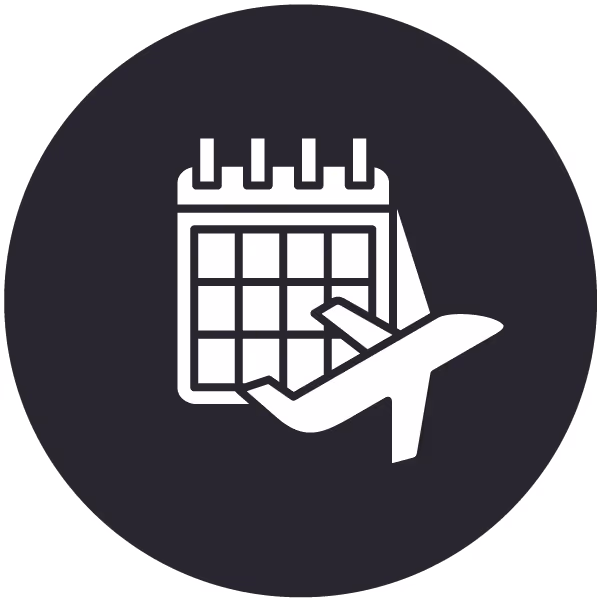 White calendar icon with an airplane overlay inside a black circular background.