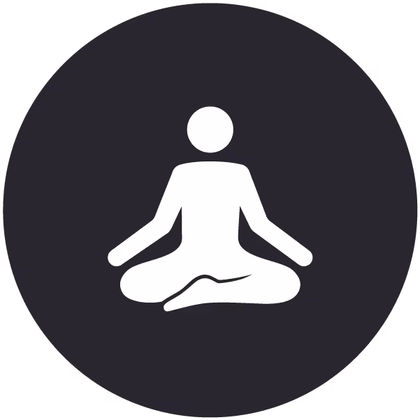 White silhouette of a person sitting cross-legged in meditation pose on a dark circular background.