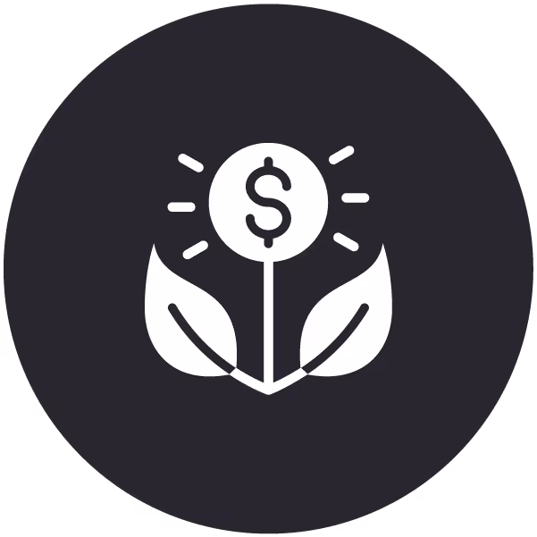 Icon of a plant with two leaves and a dollar sign coin as the flower, symbolizing financial growth.