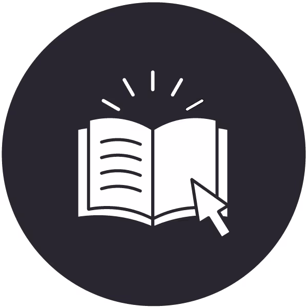 Icon of an open book with a cursor and rays above, symbolizing educational resources.