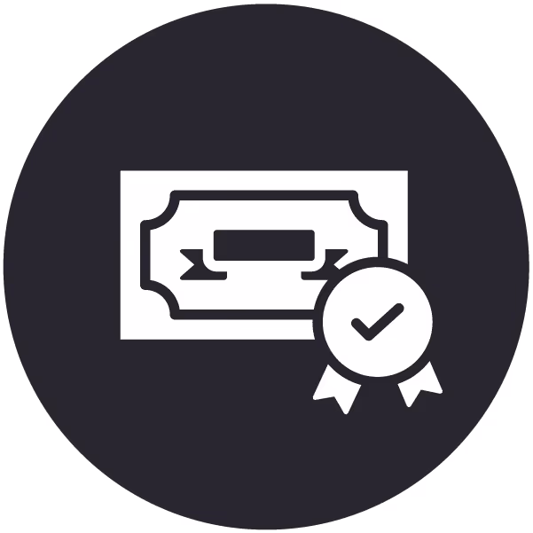 Icon of a certificate or voucher with a checkmark badge indicating approval or verification.