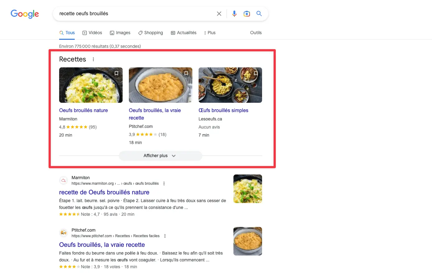 Page de résultats Google avec des données structurées