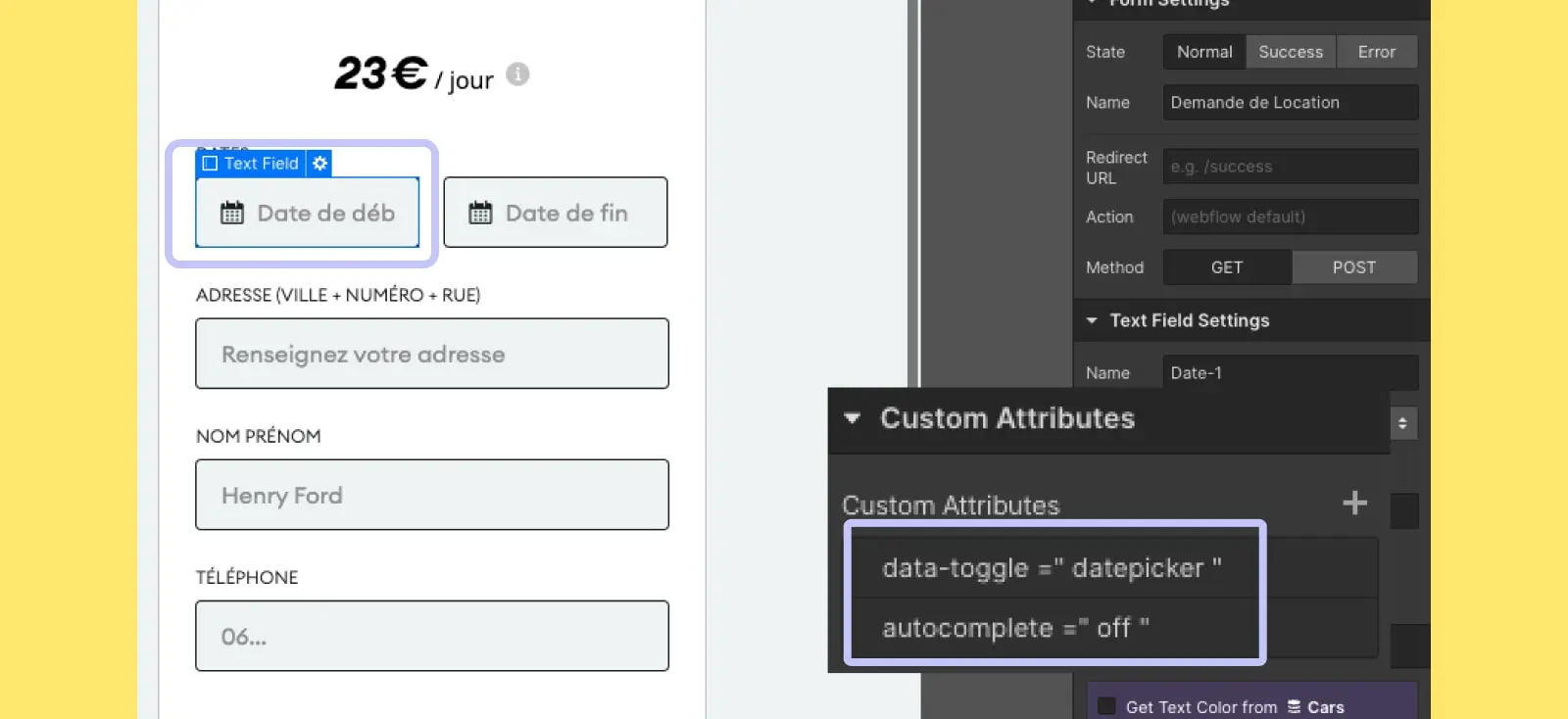 Attributes personnalisés datepicker Webflow