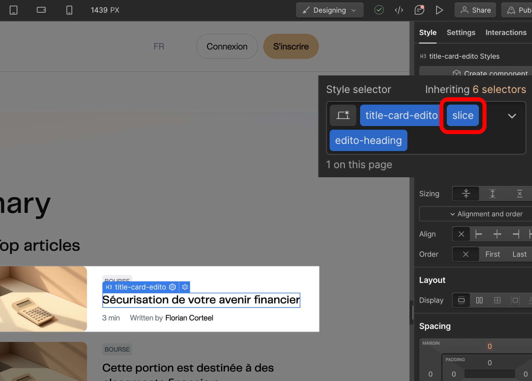 Exemple Classe CSS Webflow