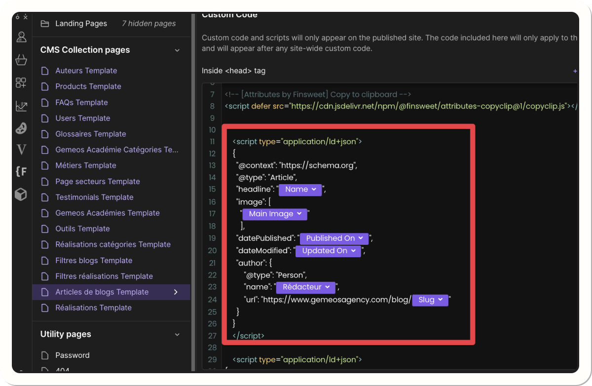 Ajout code dans Webflow